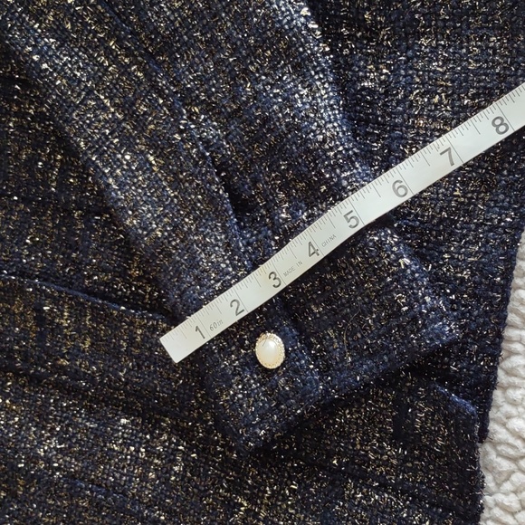 NWT Chico's Sz 2(12/14) Classic Navy Foil Tweed Long Sleeve Jacket Gold Metallic - Picture 8 of 16